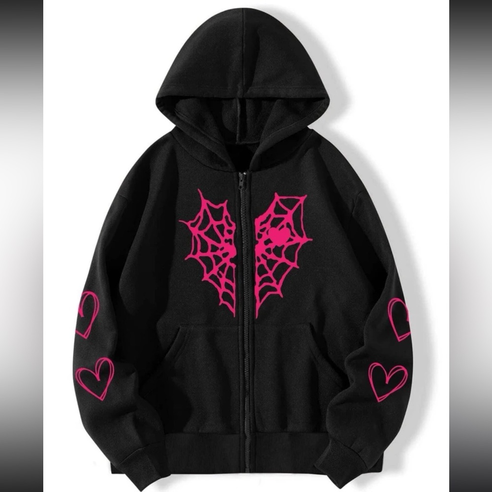 BLACK AND PINK WEB HEARTS SPIDER-MAN ZIP UP HOODIE